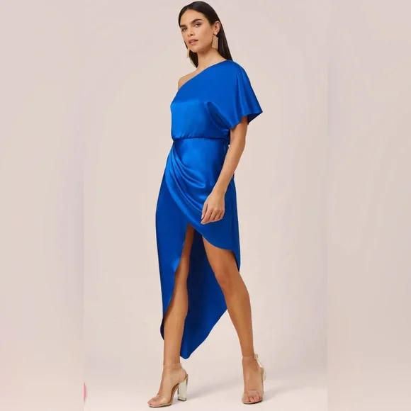 adrianna papell asymmetrical dress Striped Asymmetrical Fringe Halter Midi Dress In Ivory Navy
